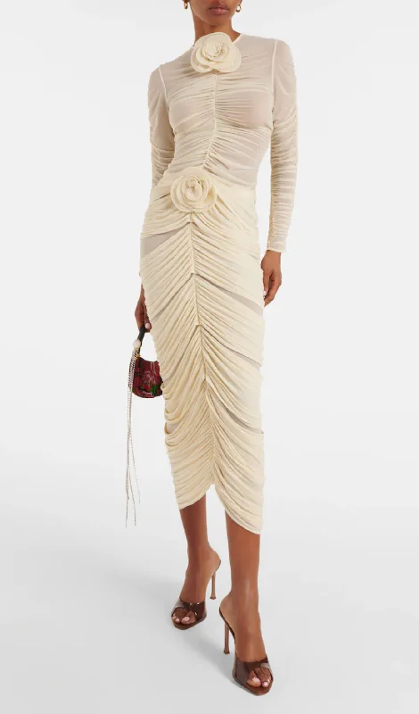 Floral-appliqué ruched skirt set in beige cashmere skirt fine