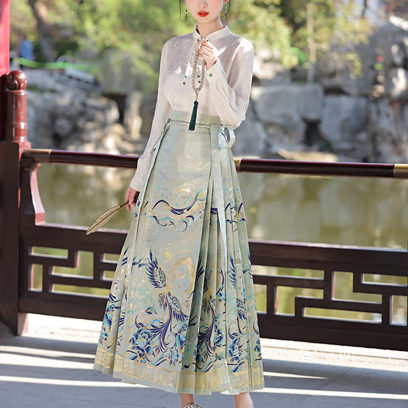 Buddha Stones Green Phoenix Printed Chinese Hanfu Horse Face Skirt Mamianqun ribbed skirt waist