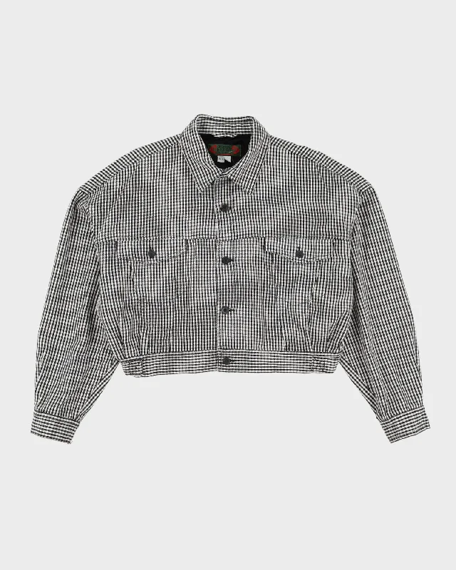 1990s Black And White Checked Bomber Style Jacket - L Denim Fabric Leather Fabric Suede Fabric 1990s Black And White Checked Bomber Style Jacket - L Denim Fabric Leather Fabric Suede Fabric