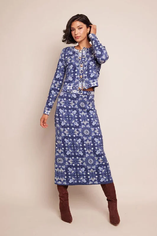 Cara Cara Clara Skirt in Blue Rita Tile denim skirt fashionable