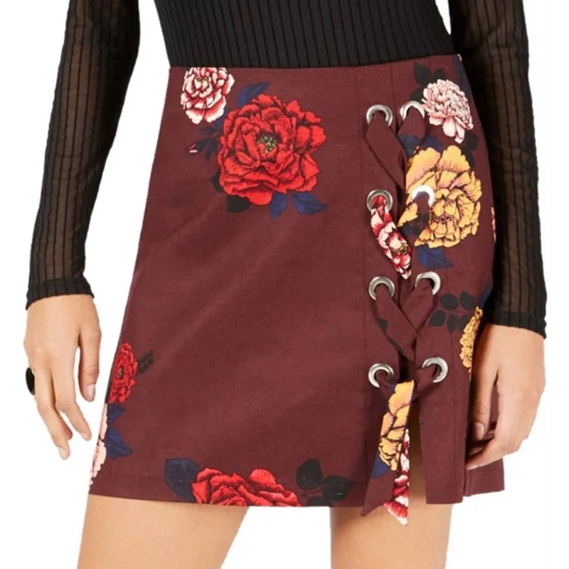Project 28 NYC Ladies Wine Red Floral Print Mini Skirt w/ Lace Up Accent high waist skirt Project 28 NYC Ladies Wine Red Floral Print Mini Skirt w/ Lace Up Accent high waist skirt