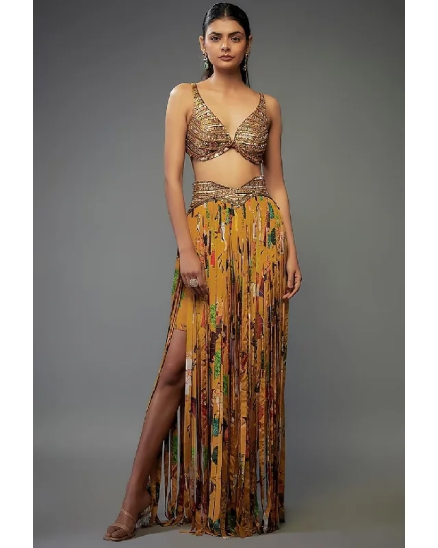 Mango Crepe Printed Fringe Skirt Set wool skirt thick