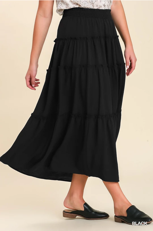Black Tiered Maxi Skirt with Ruffle Hem asymmetrical skirt cut
