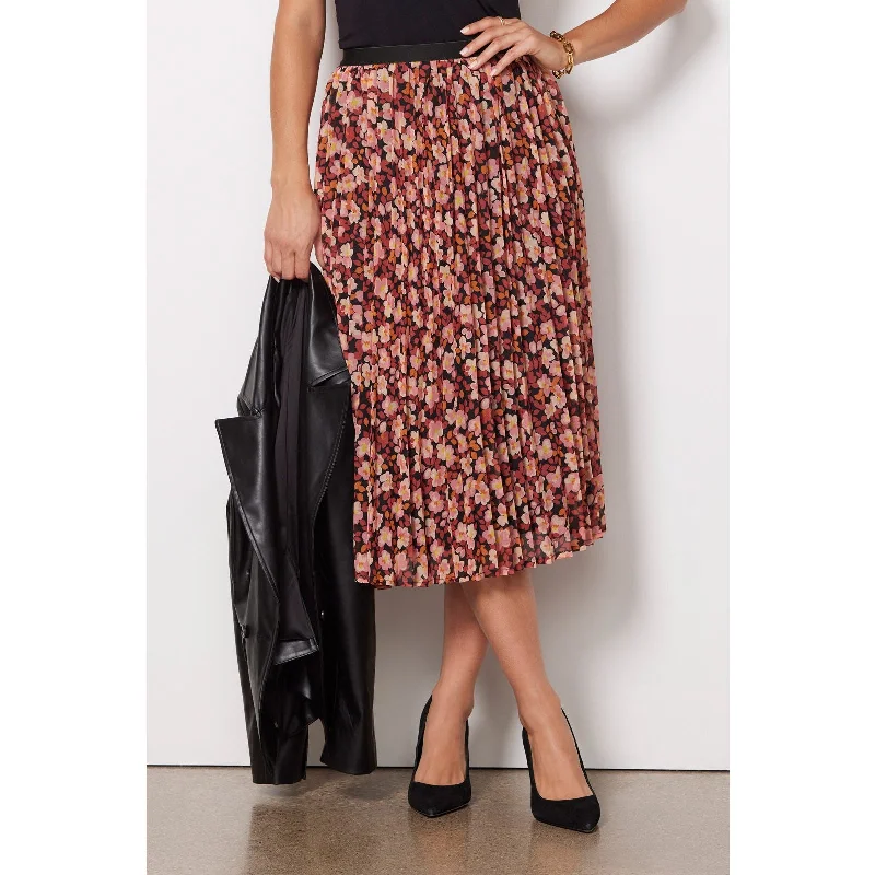 SANCTUARY Pleated Floral Midi Skirt In Strawberry Multi-Color ribbed skirt waist