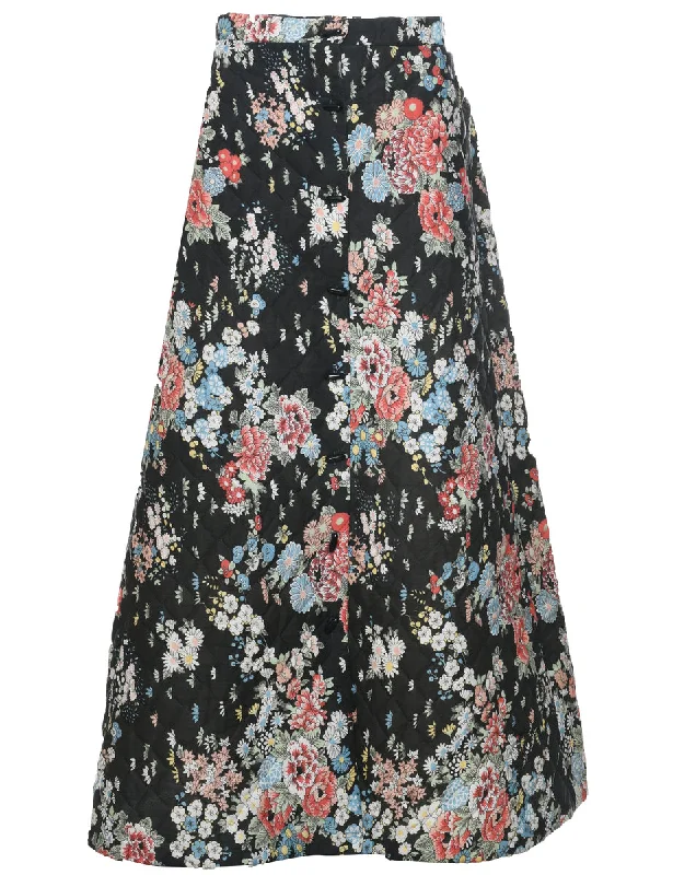1970s Floral Pattern Midi Skirt - S linen skirt breathable