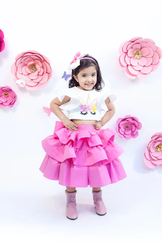 Girls Off White Unicorn Top With Pink Skirt wool skirt thick