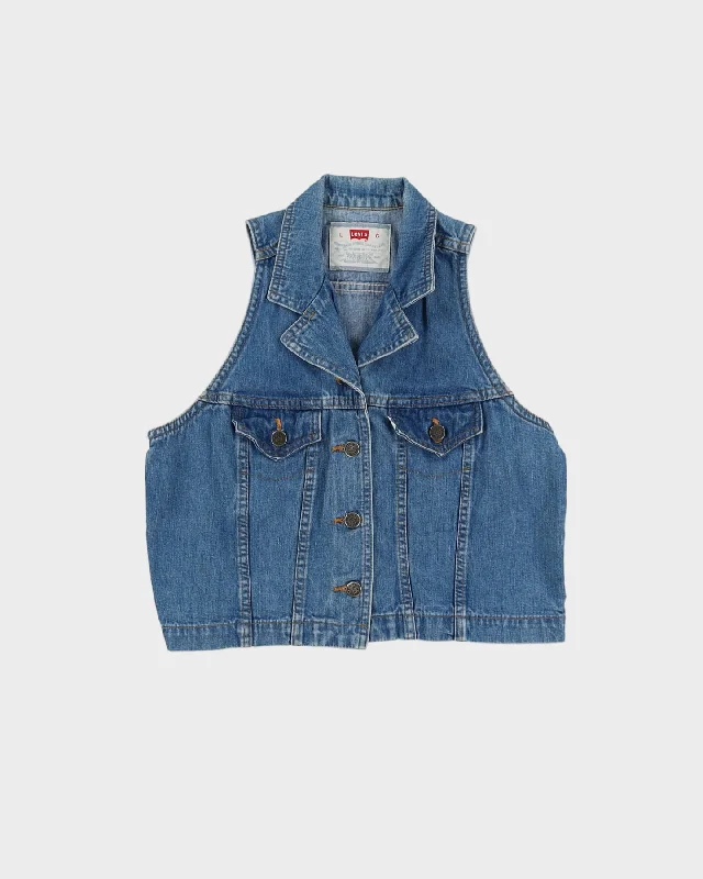 Vintage Levi's 1990s Cropped Sleeveless Denim Jacket - S A-Line Jacket Boat Neck Shawl Collar Vintage Levi's 1990s Cropped Sleeveless Denim Jacket - S A-Line Jacket Boat Neck Shawl Collar