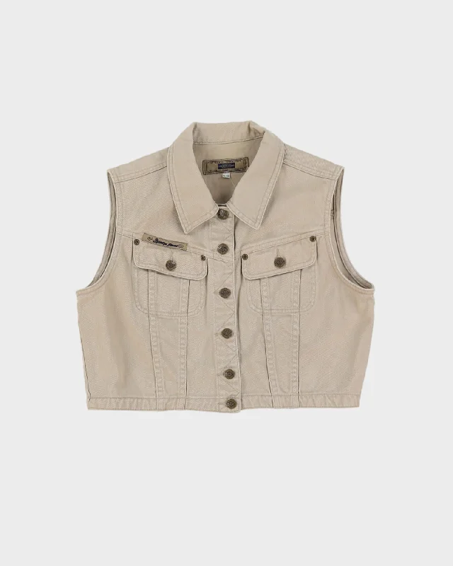 Vintage 1990s Beige Cropped Sleeveless Denim Jacket - L Oversized Jacket Tailored Jacket Straight Jacket Vintage 1990s Beige Cropped Sleeveless Denim Jacket - L Oversized Jacket Tailored Jacket Straight Jacket