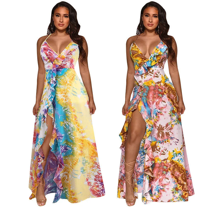 10425-MX74 beautiful ruffles floral slit maxi casual dresses women sehe fashion