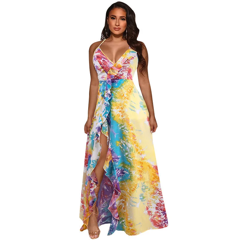 10425-MX74 beautiful ruffles floral slit maxi casual dresses women sehe fashion