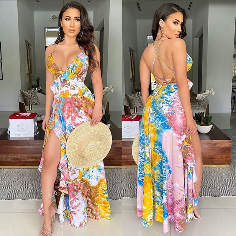 10425-MX74 beautiful ruffles floral slit maxi casual dresses women sehe fashion