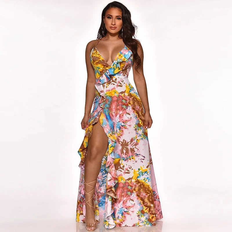 10425-MX74 beautiful ruffles floral slit maxi casual dresses women sehe fashion