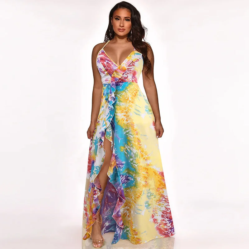 10425-MX74 beautiful ruffles floral slit maxi casual dresses women sehe fashion