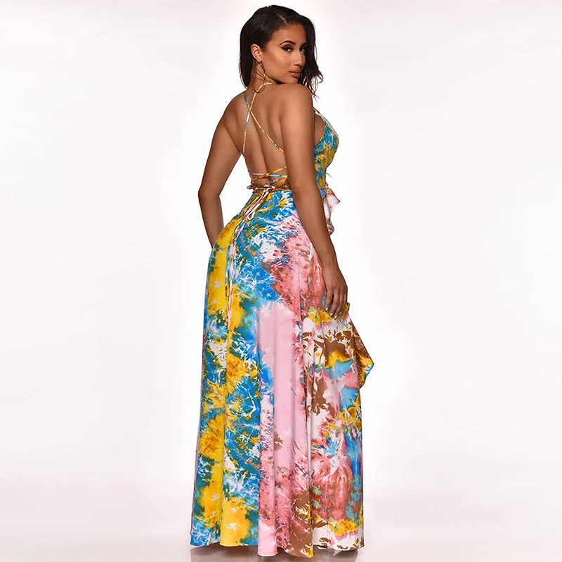 10425-MX74 beautiful ruffles floral slit maxi casual dresses women sehe fashion