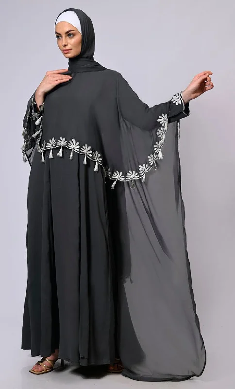 2 Pc Cape style Embroidered Grey Abaya with Scalloped Edges and Tassels Detailing