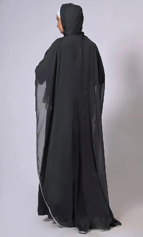 2 Pc Cape style Embroidered Grey Abaya with Scalloped Edges and Tassels Detailing