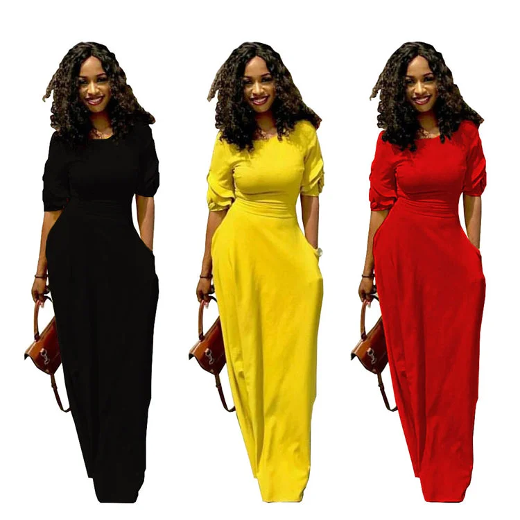 2020 New hot sale tight waist maxi dress africa solid color with pocket half sleeve dress abaya