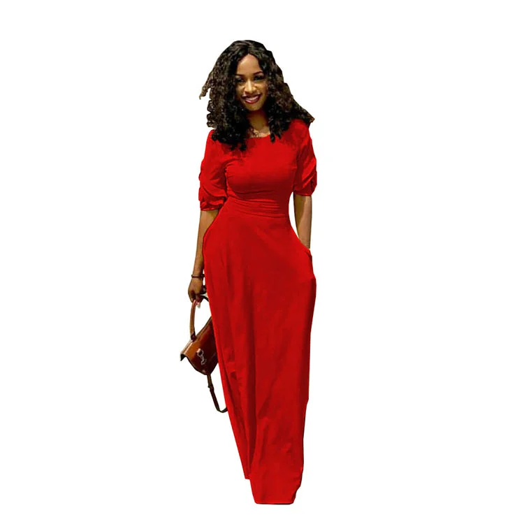 2020 New hot sale tight waist maxi dress africa solid color with pocket half sleeve dress abaya