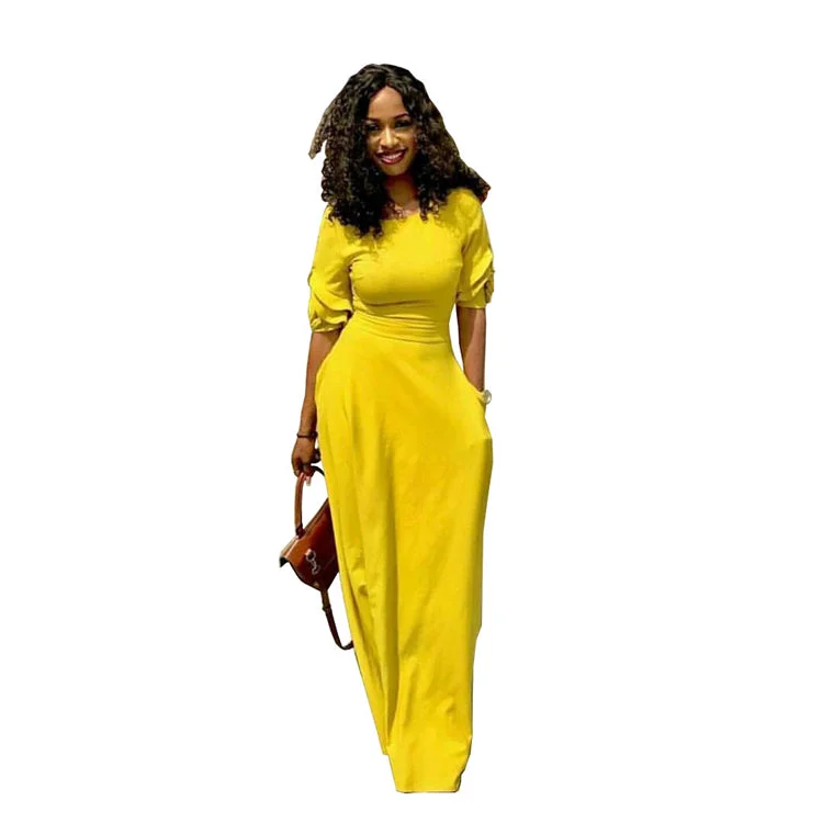 2020 New hot sale tight waist maxi dress africa solid color with pocket half sleeve dress abaya