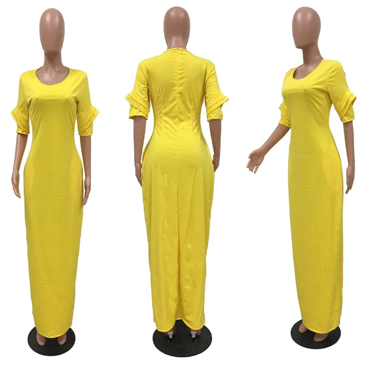 2020 New hot sale tight waist maxi dress africa solid color with pocket half sleeve dress abaya