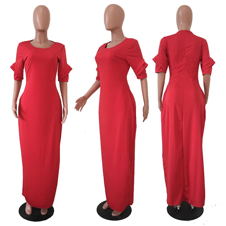 2020 New hot sale tight waist maxi dress africa solid color with pocket half sleeve dress abaya