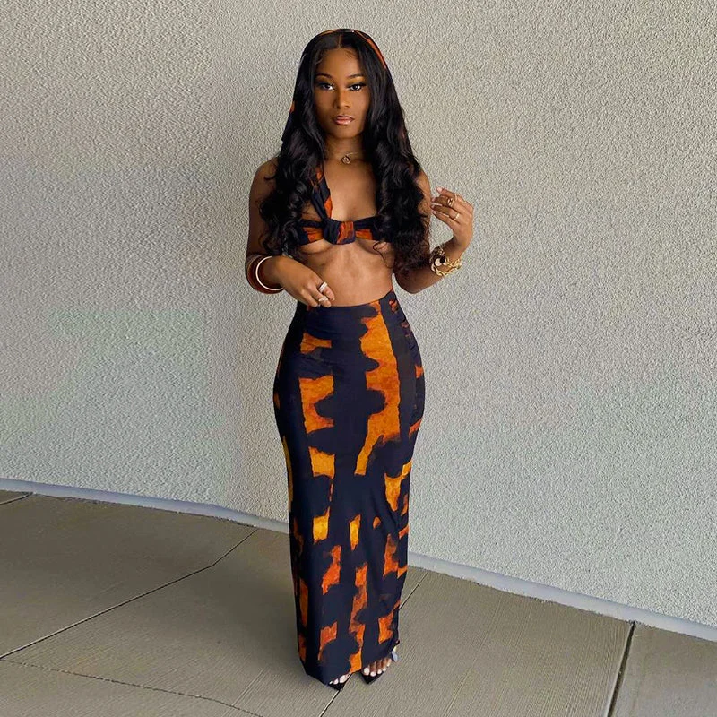 2022 Fashion Pattern Print Two Piece Set Women Sleeveless Short Crop Top Bodycon Maxi Skirt Streetwear Set