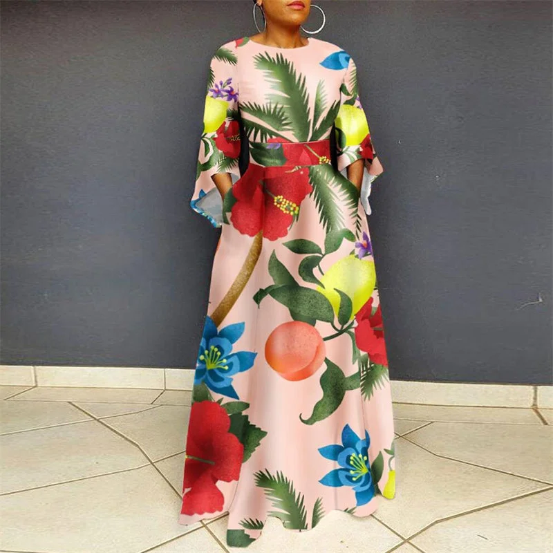 2022 new beautiful modest dress casual women plus size floral print fabric long sleeve beach maxi long dress women clothing