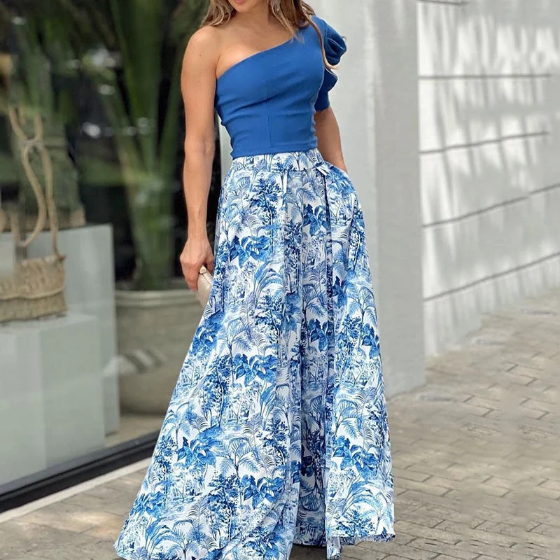 2022 New Fashion Women Floral Printing One Shoulder Tank Top and Maxi Skirt 2 Piece Set Dress Suit