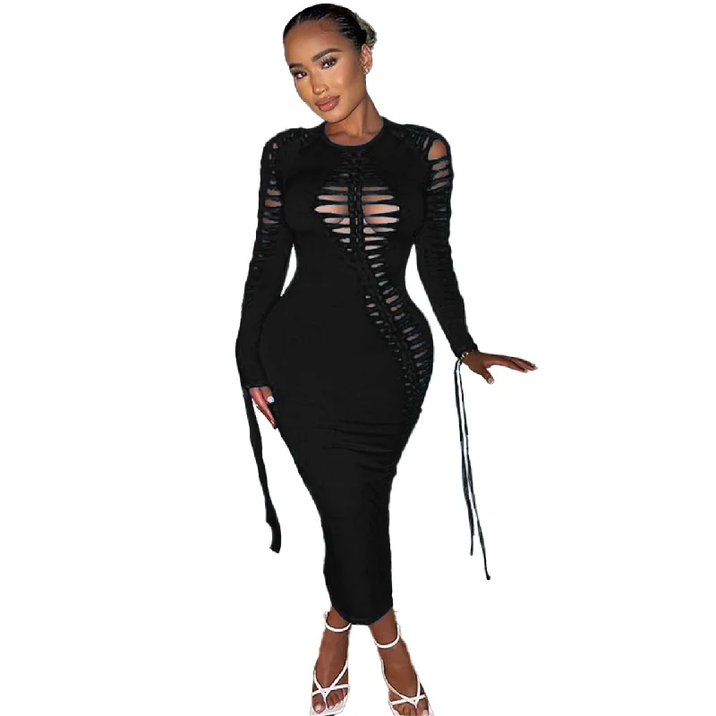 2023 New Arrival Women Fall Dresses For Women Sexy Long Sleeve Dresses Cut Out Lace Up Sexy Bodycon Maxi Dress