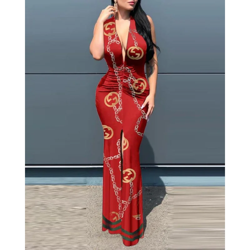 2023 New Arrivals Women Summer Bohemia Casual Dresses Deep V Neck Sunflower Boho Maxi Dresses Ladies For Female Mujer