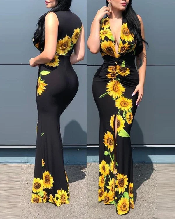 2023 New Arrivals Women Summer Bohemia Casual Dresses Deep V Neck Sunflower Boho Maxi Dresses Ladies For Female Mujer