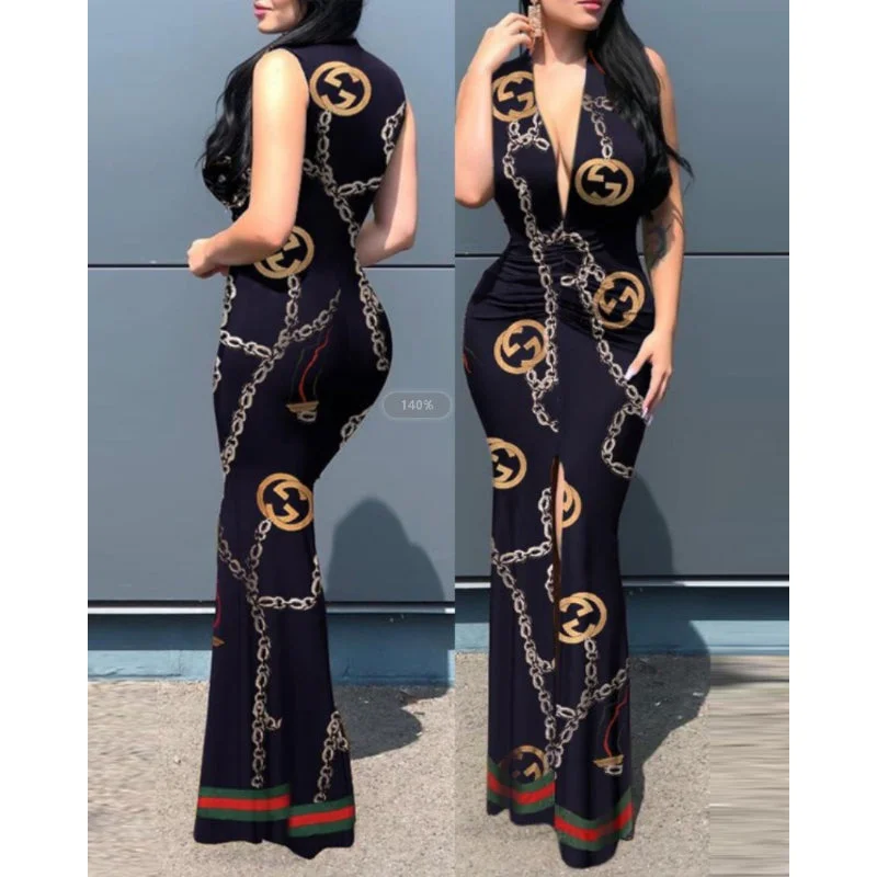 2023 New Arrivals Women Summer Bohemia Casual Dresses Deep V Neck Sunflower Boho Maxi Dresses Ladies For Female Mujer