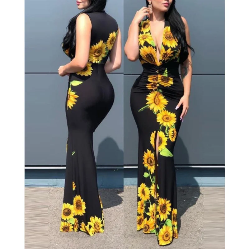 2023 New Arrivals Women Summer Bohemia Casual Dresses Deep V Neck Sunflower Boho Maxi Dresses Ladies For Female Mujer