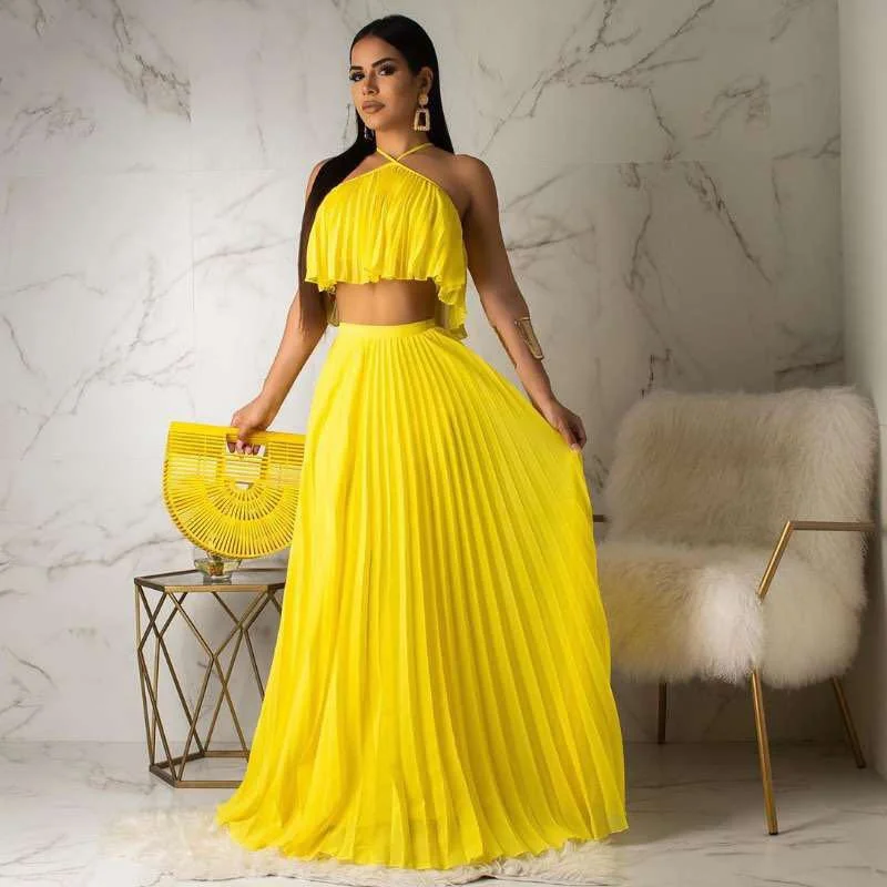 2023 Summer Bohemian Dress 2 Piece Set Casual Women Clothing Crop Tank Top Maxi Long Pleated Flowy Skirt Two Piece Skirts Set