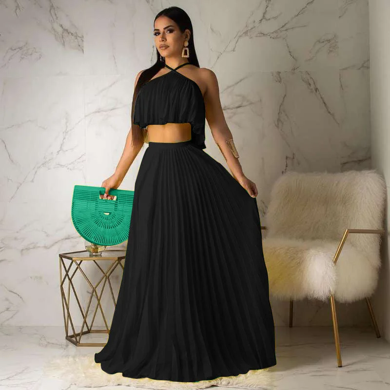 2023 Summer Bohemian Dress 2 Piece Set Casual Women Clothing Crop Tank Top Maxi Long Pleated Flowy Skirt Two Piece Skirts Set