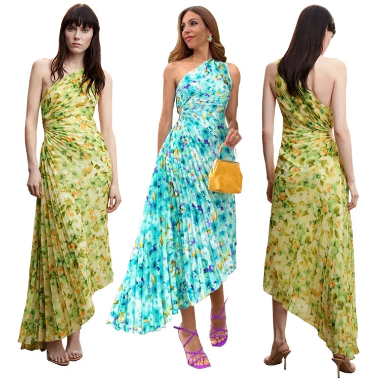 2023 Summer Casual Dresses One Shoulder Floral Printed Pleated Dress Slim Fit Hot Sell Long Maxi Sun Dresses