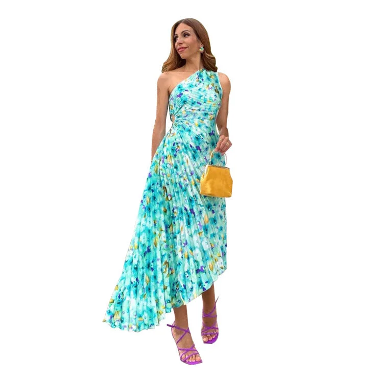 2023 Summer Casual Dresses One Shoulder Floral Printed Pleated Dress Slim Fit Hot Sell Long Maxi Sun Dresses