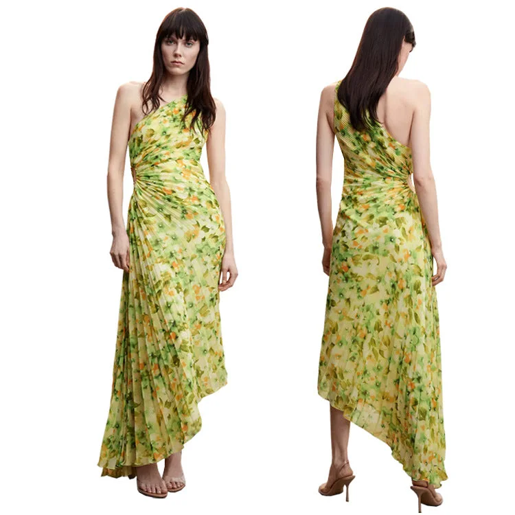 2023 Summer Casual Dresses One Shoulder Floral Printed Pleated Dress Slim Fit Hot Sell Long Maxi Sun Dresses