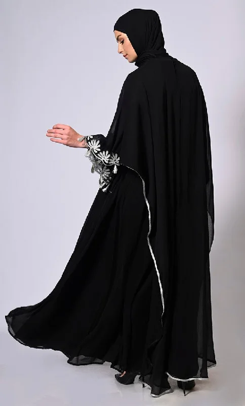 2 Pc Cape style Embroidered Black Abaya with Scalloped Edges and Tassels Detailing