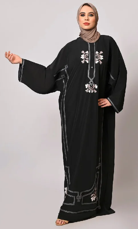 A Tapestry of Style: Black  Embroidered Pheran Like Abaya