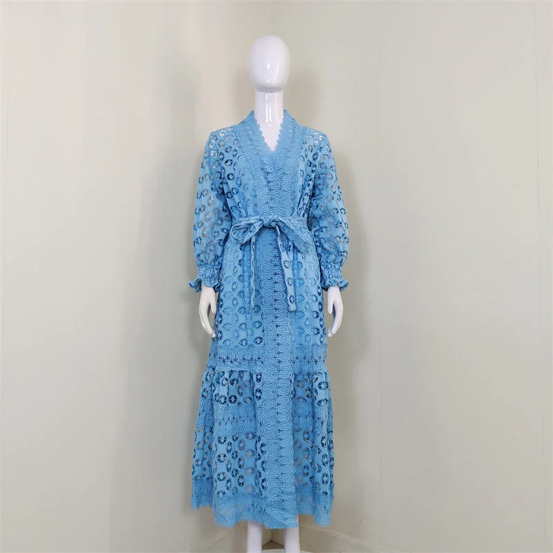 A5137 Clothing Vendors V Neck Belted Casual Lace Maxi Dress With Long Sleeve For Ladies