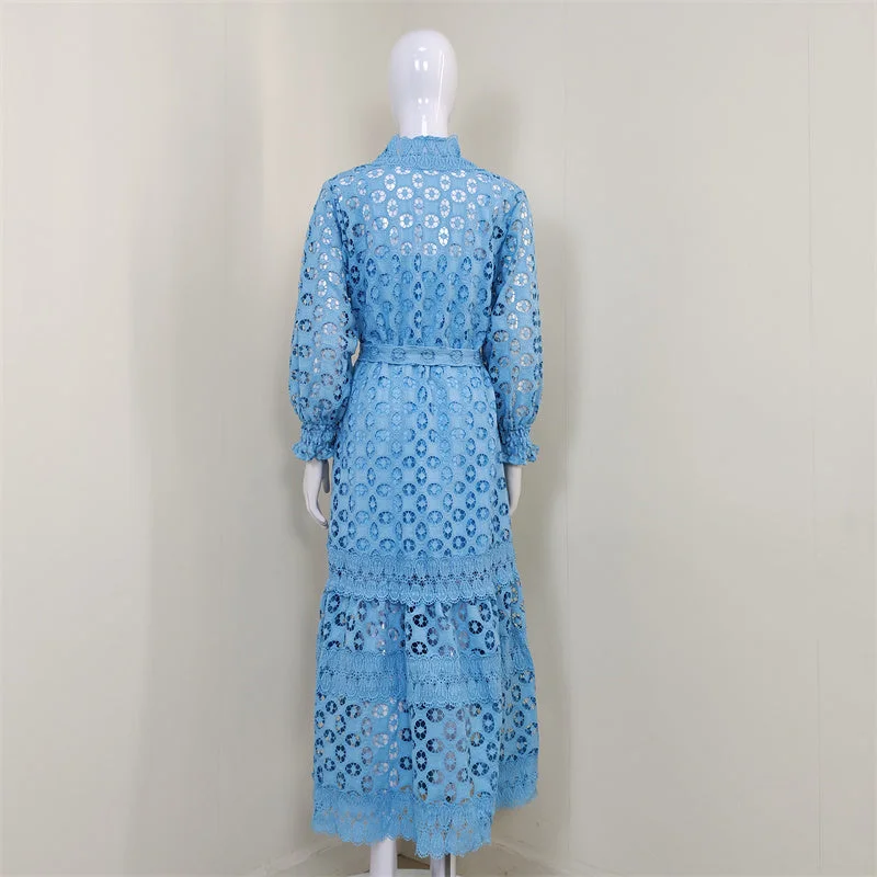 A5137 Clothing Vendors V Neck Belted Casual Lace Maxi Dress With Long Sleeve For Ladies