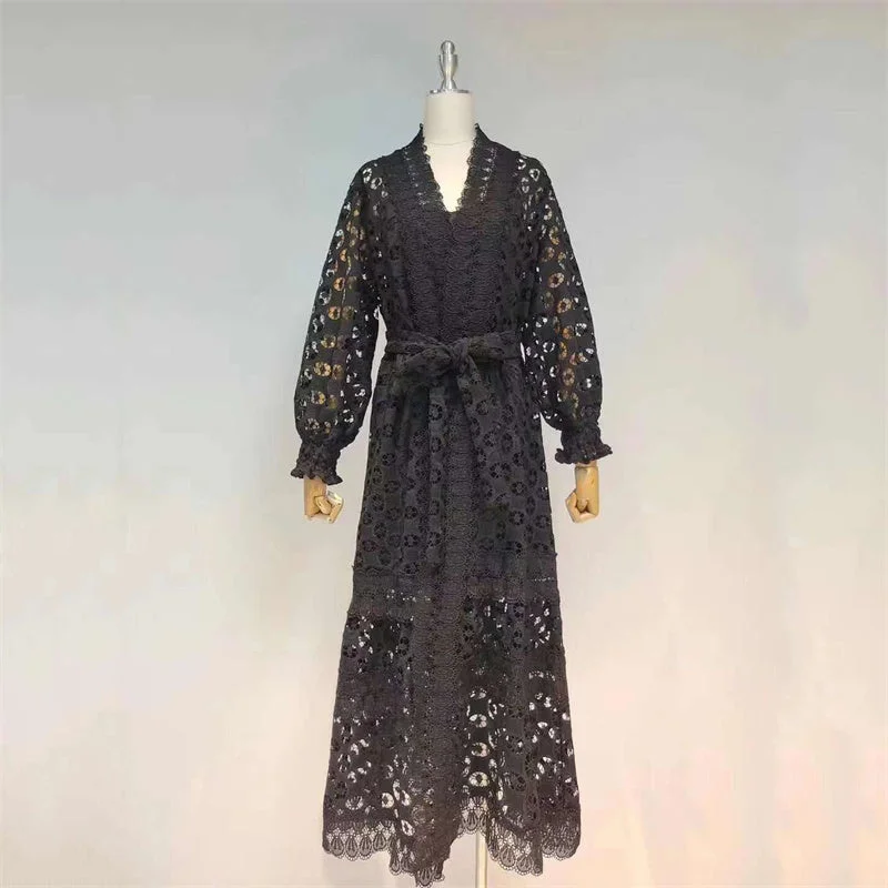 A5137 Clothing Vendors V Neck Belted Casual Lace Maxi Dress With Long Sleeve For Ladies