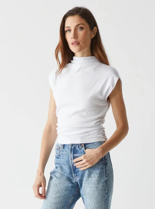 Amara Ribbed Power Shoulder Tee - White