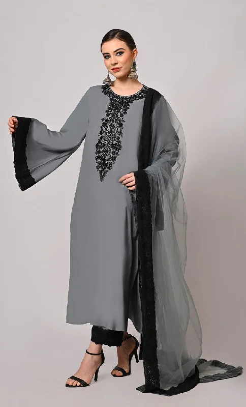 Artistry in Sequins: Hand Embroidered Grey Salwar Kameez Set