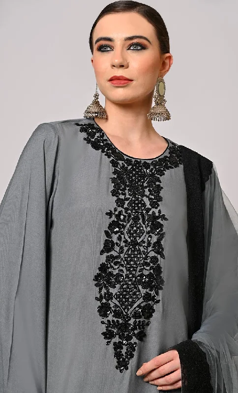 Artistry in Sequins: Hand Embroidered Grey Salwar Kameez Set