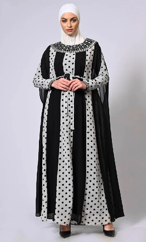 Beautiful Polka Dots Kaftan Abaya With Mirror Work Embroidery and Belt