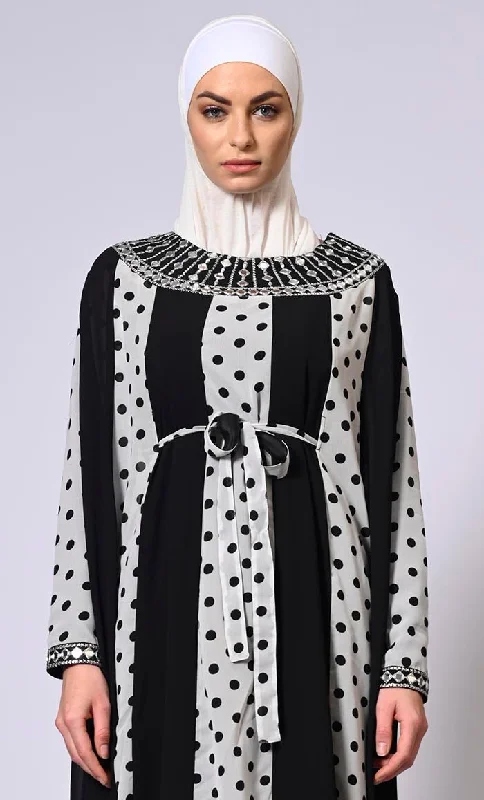 Beautiful Polka Dots Kaftan Abaya With Mirror Work Embroidery and Belt