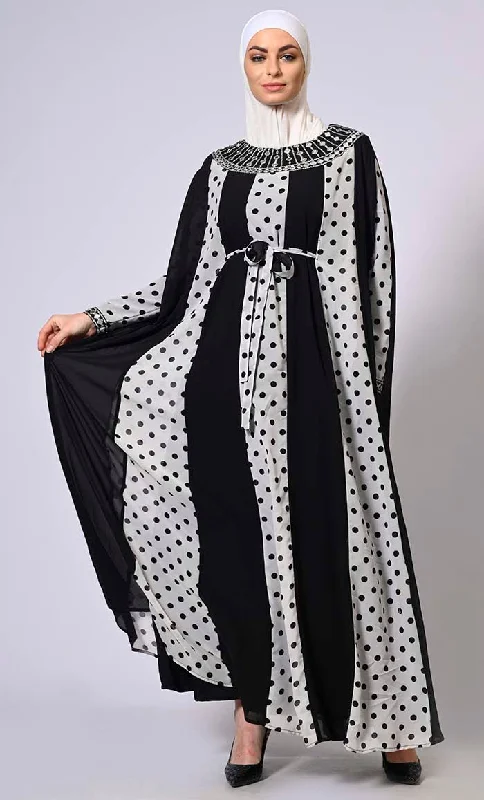 Beautiful Polka Dots Kaftan Abaya With Mirror Work Embroidery and Belt