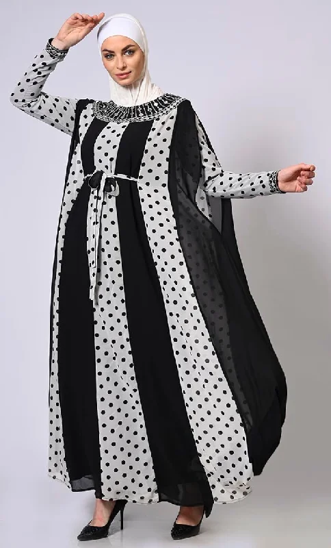 Beautiful Polka Dots Kaftan Abaya With Mirror Work Embroidery and Belt